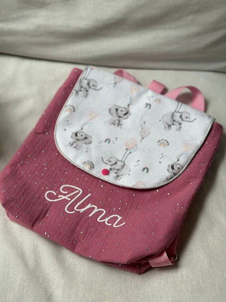 Sac à dos DOUBLE GAZE ROSE FRAMBOISE ET ÉLÉPHANT