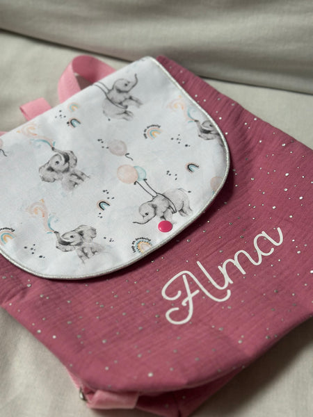 Sac à dos DOUBLE GAZE ROSE FRAMBOISE ET ÉLÉPHANT